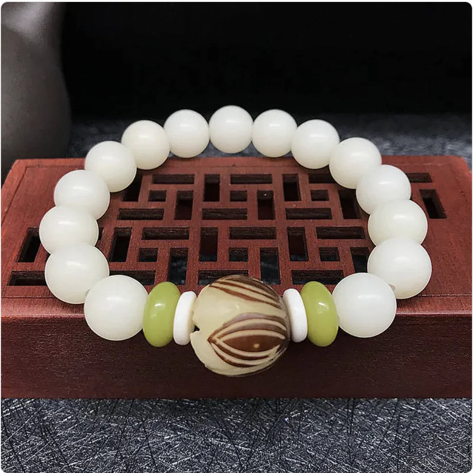 White Jade Bodhi Root 108 Bead Bracelet