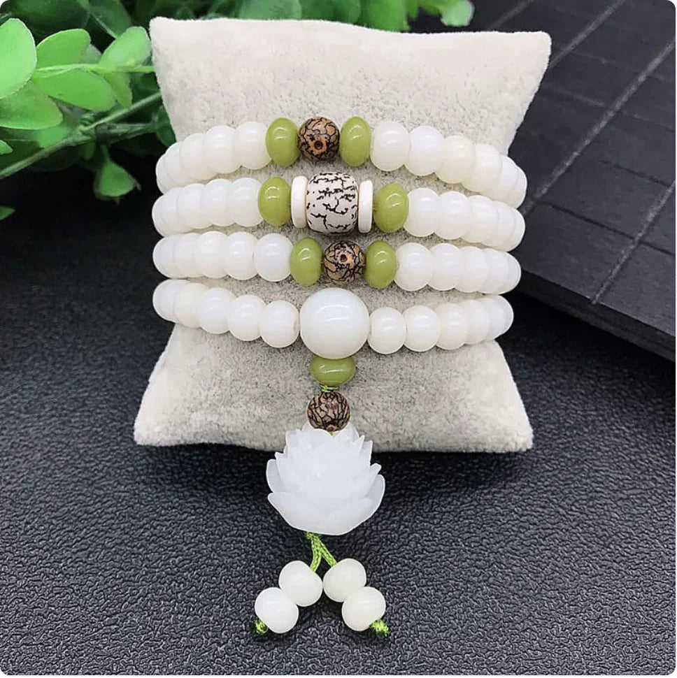 White Jade Bodhi Root 108 Bead Bracelet