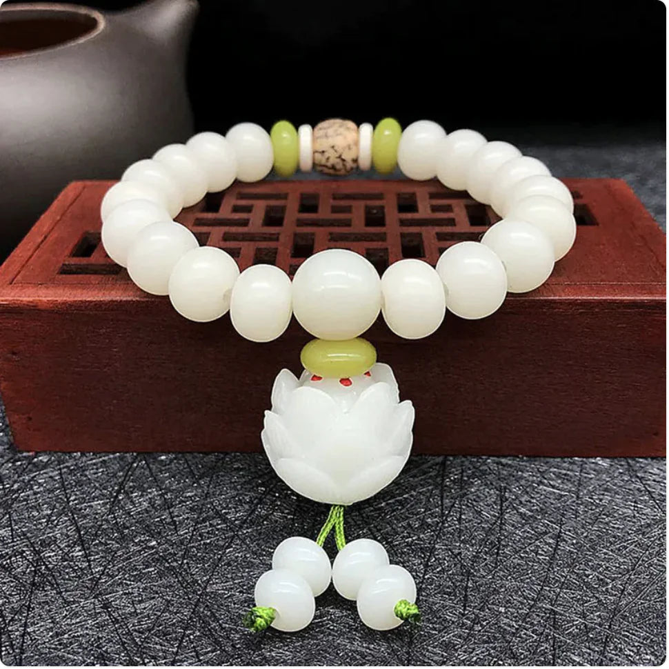 White Jade Bodhi Root 108 Bead Bracelet