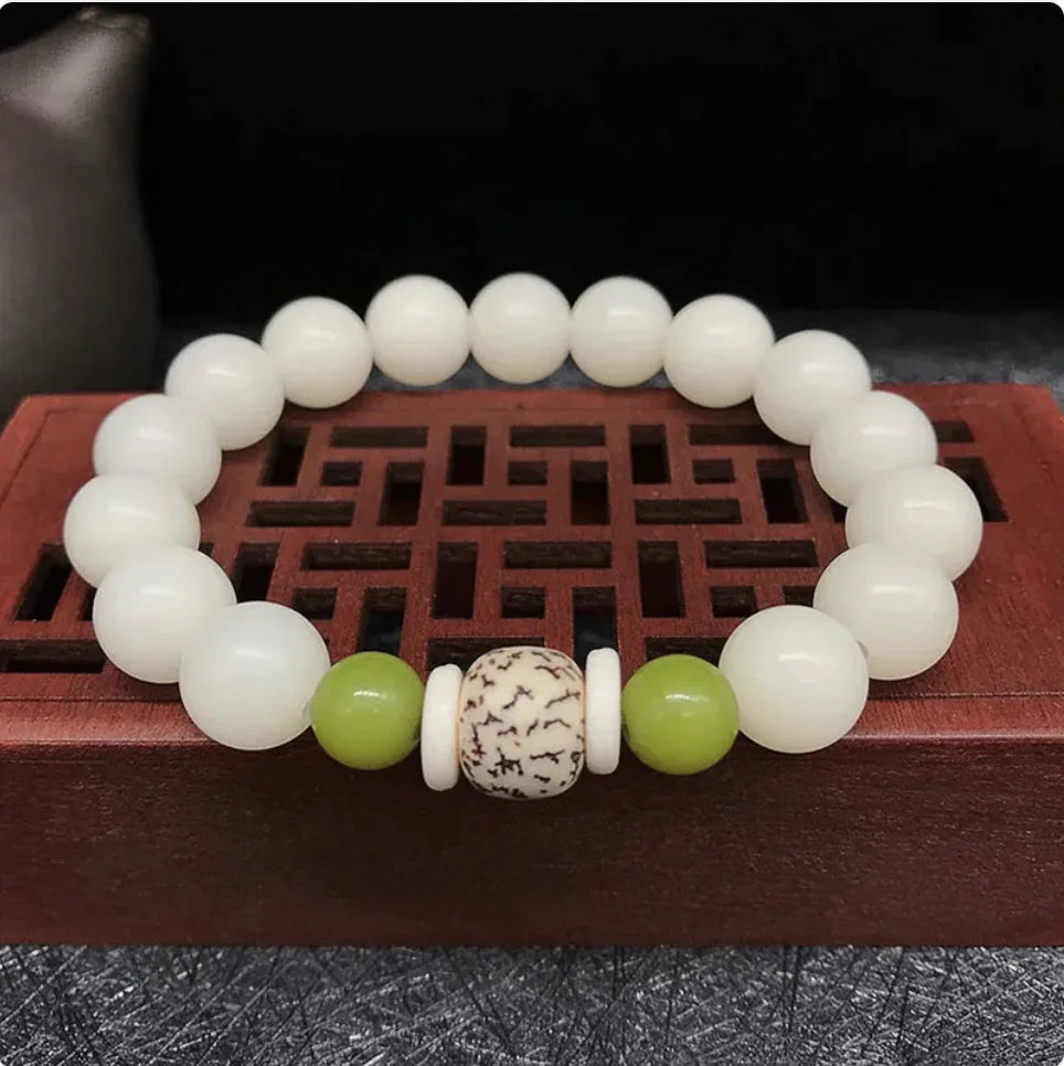 White Jade Bodhi Root 108 Bead Bracelet