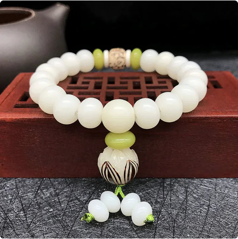 White Jade Bodhi Root 108 Bead Bracelet