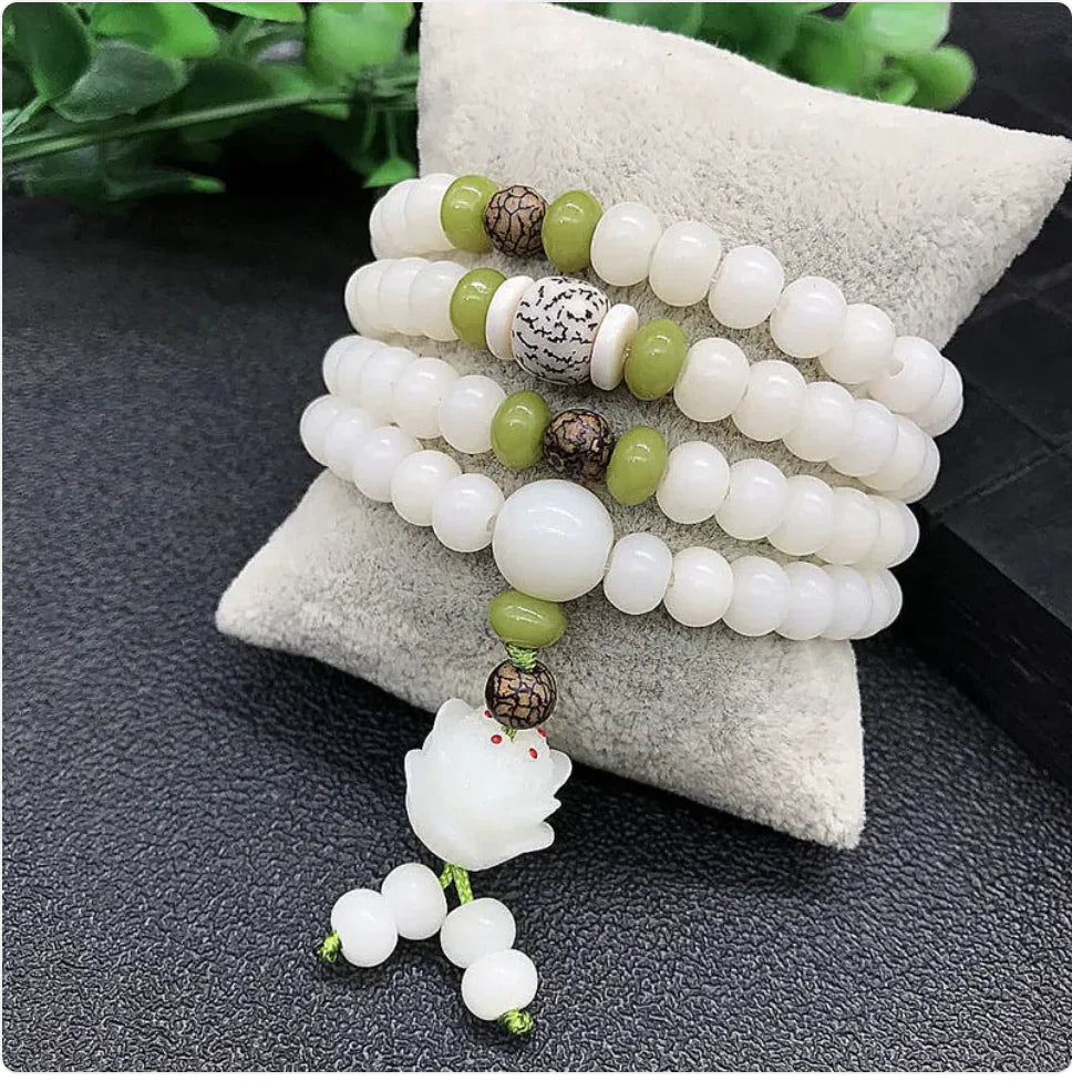 White Jade Bodhi Root 108 Bead Bracelet