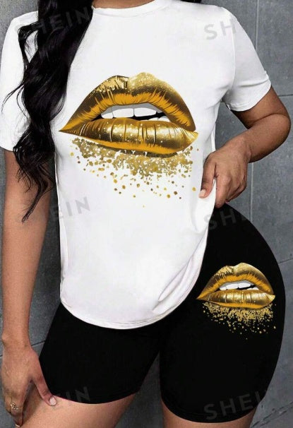 Women's Summer Casual Set Gold Lips Print Round Neck Short Sleeve T-Shirt And Shorts