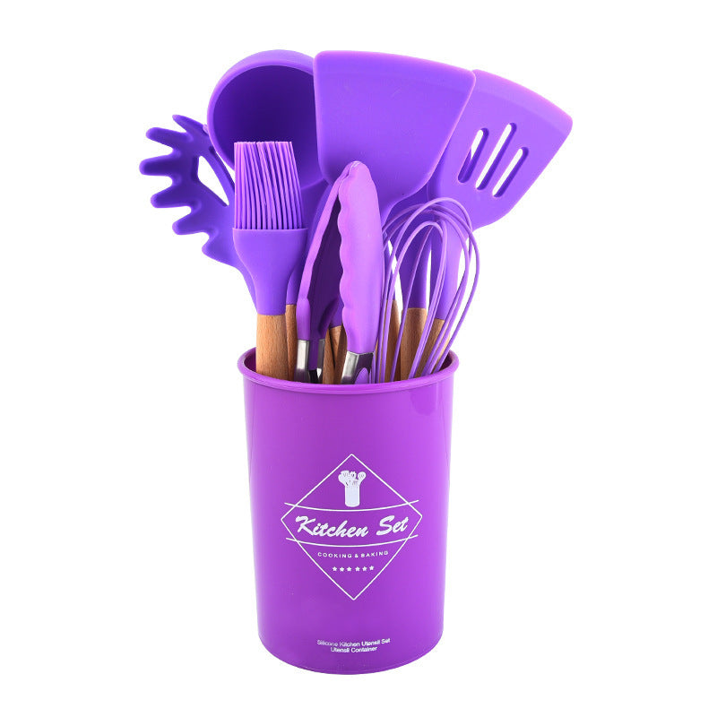 Home. Christmas gifts Set of silicone kitchen utensils with wooden handle, 12-piece non-stick pan