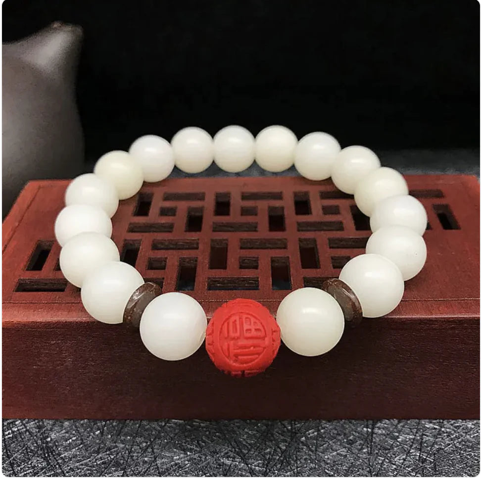 White Jade Bodhi Root 108 Bead Bracelet