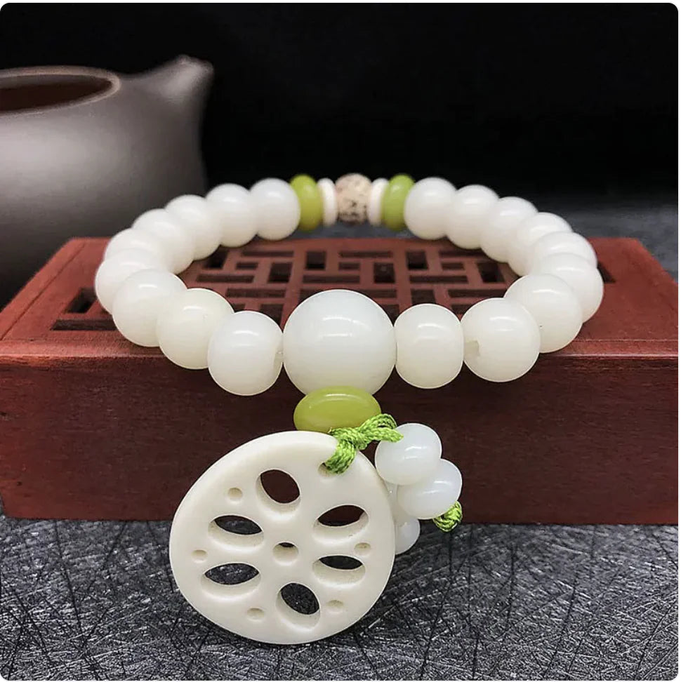 White Jade Bodhi Root 108 Bead Bracelet