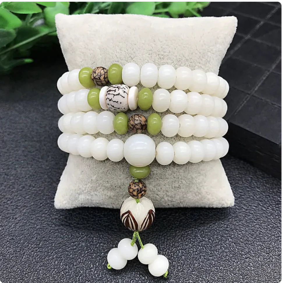 White Jade Bodhi Root 108 Bead Bracelet